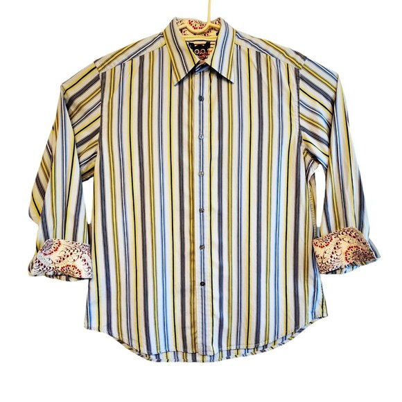 Robert Graham Other - Robert Graham Shirt Mens XL Blue Striped Button Flip Cuff Long Sleeve Flowers
